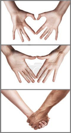 Photo for Holding hands, palm and collage for gesture in studio isolated on a white background. Closeup, fingers and montage of people with sign, heart and love of couple together on composite with an emoji. - Royalty Free Image