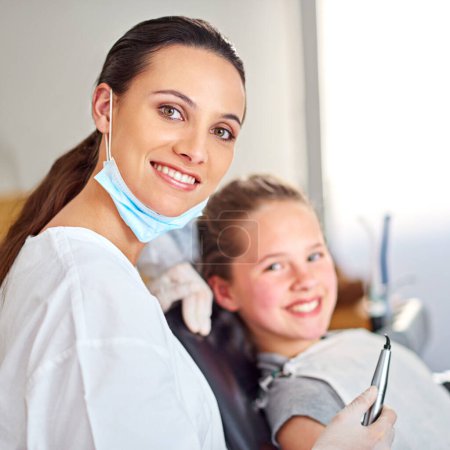 Photo for Portrait, dentist and woman with tools for happy child in medical exam, orthodontics or cleaning teeth. Face, smile and dental doctor with kid for tooth care, oral health or pediatrician with laser. - Royalty Free Image