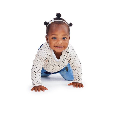 Portrait, baby girl or smile to crawl, explore or child development on mock up on white background. Female toddler or crawling on hands, knees or learn to balance mobility milestone and motor skills.