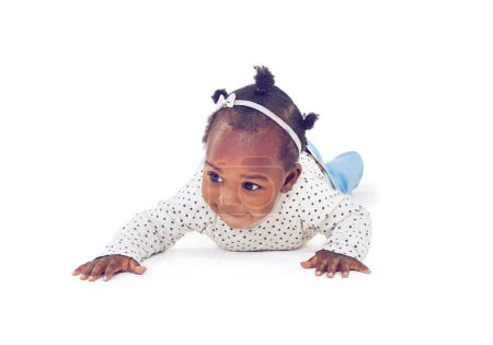 Photo for Baby, girl or crawling on tummy, development or progress of motor skill or balance on studio mockup. Black child, crawl or explore on stomach to learn, steps or mobility milestone on white background. - Royalty Free Image