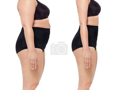 Téléchargez les photos : Transformation, perte de poids et l'estomac de la femme en studio pour l'alimentation, perdre du poids et le bien-être. Santé, avant après et le corps de la personne isolée pour l'entraînement, l'exercice et la forme physique sur fond blanc. - en image libre de droit