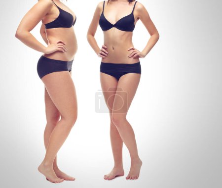 Photo for Transformation, lose weight and body of woman on a white background for diet, detox and wellness. Health, before after and stomach of isolated person for workout, exercise and fitness in studio. - Royalty Free Image