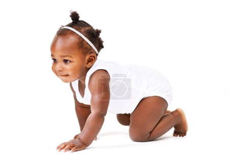 Photo for Black toddler, crawl or explore by thinking, learning or growth on studio mockup on white background. Baby girl, curious or crawling as mobility, balance or motor skill on child development milestone. - Royalty Free Image