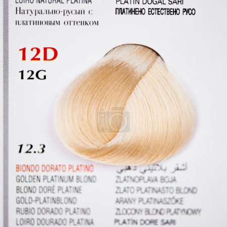 Téléchargez les photos : Hair color, blonde swatch and closeup at hairdresser for tone, shade and catalog for options with information. Display, palette and labels with description for choice, sample and decision at salon. - en image libre de droit