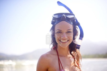 Photo for Woman, snorkeling and mask in portrait, beach and adventure for travel, fun and activity. Female person, bikini and vacation on summer, trip or holiday with happy, equipment and water sport. - Royalty Free Image