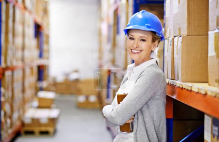 Photo for Tablet, portrait or woman in factory for storage, shipping delivery, product or stock in warehouse by shelf. Printing logistics, boxes or inspection on package or cargo for online order on website. - Royalty Free Image