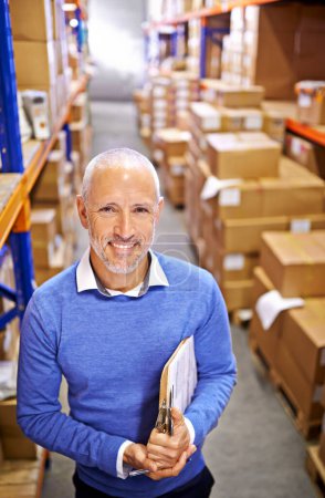 Photo for Portrait, boxes or man with printing factory checklist for delivery order, storage or stock on clipboard. Warehouse, mature manager or supply chain inspection for plant, package or wholesale shipping. - Royalty Free Image