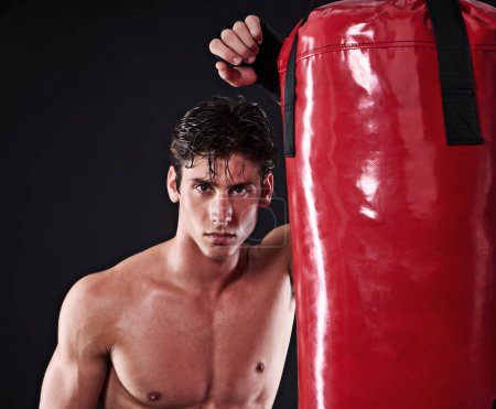 Photo for Fitness, mma and portrait of man with punching bag in studio for exercise, challenge or competition training. Power, muscle or champion boxer at workout with confidence, fight and black background. - Royalty Free Image