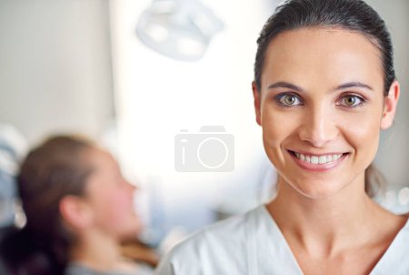 Photo for Woman, portrait and pride for dental care in office, smile and ready for consultation on hygiene. Female person, confident and orthodontist for treatment on teeth, specialist and happy for gum health. - Royalty Free Image
