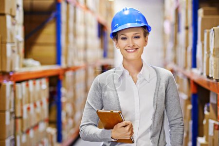 Photo for Tablet, portrait or woman in warehouse for inspection, shipping delivery, product or stock in factory by shelf. Printing logistics, safety inspector or boxes for package or cargo for online order. - Royalty Free Image