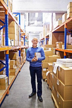 Photo for Portrait, stock or man with printing factory checklist for delivery order, storage or boxes on clipboard. Warehouse, mature manager or supply chain inspection for plant, package or wholesale shipping. - Royalty Free Image