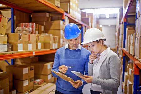 Photo for Checklist, tablet or people in warehouse for inspection info for a delivery order, boxes or website in a plant. Online, teamwork or factory workers with product, package or wholesale cargo shipping. - Royalty Free Image