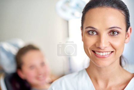 Photo for Woman, portrait and dentist for oral care in office, smile and ready for consultation on hygiene. Female person, confident and orthodontist for treatment on teeth, specialist and happy for gum health. - Royalty Free Image