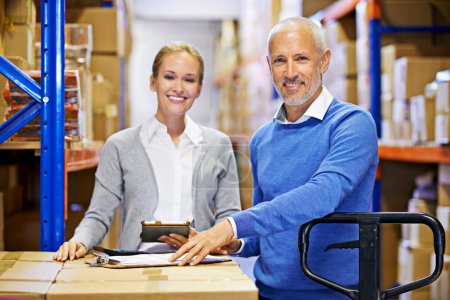 Photo for Portrait, warehouse and man with woman, tablet or documents with shipping form or cargo. Supply chain, factory or manufacturing with teamwork or boxes with stock or logistics with storage or industry. - Royalty Free Image