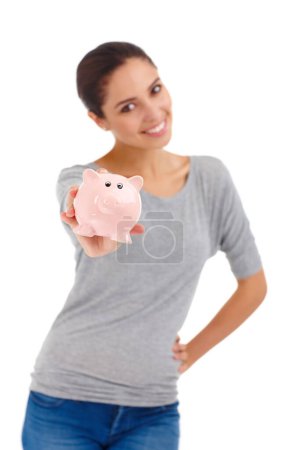 Photo for Portrait, piggy bank and happy woman in studio for savings, finance or investment. Cash, smile and person with money box for budget, income or show container for profit isolated on a white background. - Royalty Free Image
