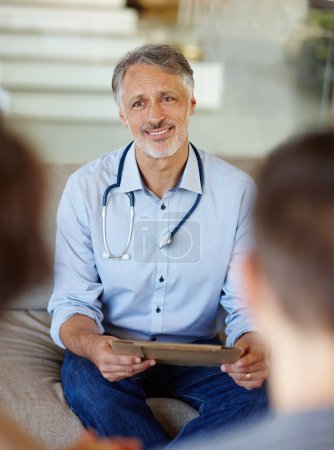 Photo for Doctor, paper or stethoscope in patient, appointment or healthcare to answer, question or support. Mature man, people or file in conversation as professional, consultation or empathy as advice. - Royalty Free Image