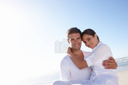 Photo for Smile, beach and portrait of couple with embrace for love, summer vacation and bonding on holiday. Man, woman and ocean with happiness for anniversary, romance and tourist adventure in California. - Royalty Free Image