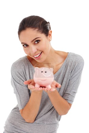 Photo for Portrait, piggy bank and happy woman in studio for budget, finance or investment. Face, smile and person with money box for savings, income or security of future profit isolated on a white background. - Royalty Free Image