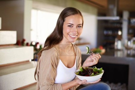 Photo for Salad, portrait and happy woman a house with breakfast, bowl or lettuce for balance, wellness or gut health at home. Vegetables, brunch or vegan person with superfoods for diet, nutrition or detox. - Royalty Free Image
