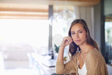 Photo for Living room, relax and portrait of woman in home for resting, calm and chill on weekend afternoon. House, living room and face of person with beauty, confidence and pride on holiday and free time. - Royalty Free Image