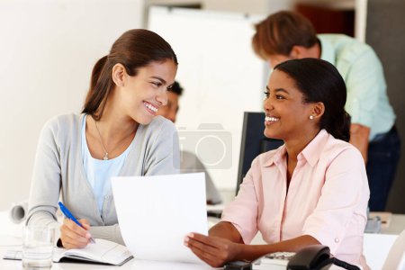 Photo for Documents, women or happy business people in meeting for report, discussion or portfolio for project. Smile, teamwork and workers planning in office talking, conversation or speaking of paperwork. - Royalty Free Image