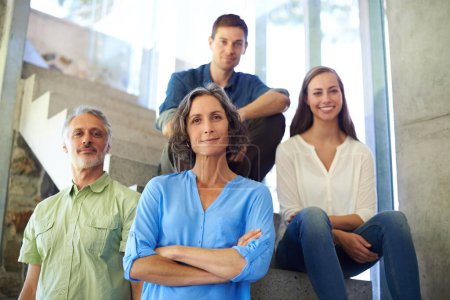 Photo for Portrait, family or stairs in real estate, property or investment as confidence in wealth management. Mature man, woman or adult kids in pride as new home owner in modern, residence or purchase. - Royalty Free Image