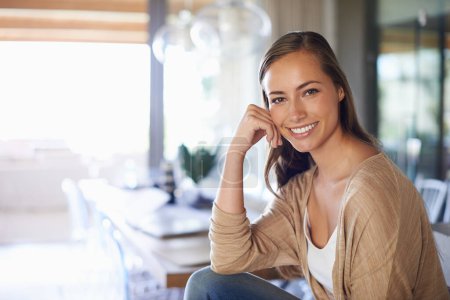 Photo for Happy, smile and portrait of woman in house for relaxing, calm and chill on weekend afternoon. Home, living room and face of person with joy, confidence and pride on holiday, vacation and free time. - Royalty Free Image