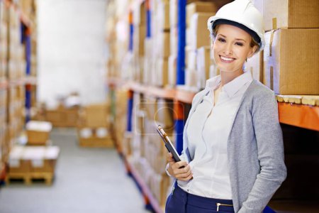 Photo for Tablet, happy or woman in warehouse for safety in shipping delivery, product or factory stock by shelf. Industrial logistics, proud inspector or boxes for package or cargo for online order on website. - Royalty Free Image