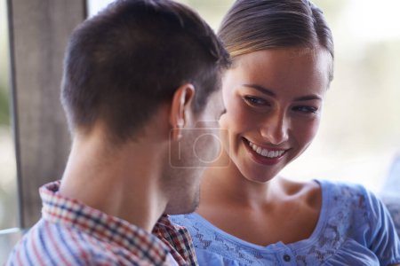 Photo for Outdoor, couple and face of woman with smile for love of partner with happiness for bonding. Romance, girl and man in marriage together, date and peace with joy in patio of home or apartment. - Royalty Free Image
