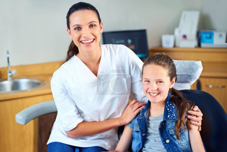 Photo for Portrait, girl and dentist with kid, checkup and appointment for medical procedure and oral care. Face, professional and child with employee and dental health with hygiene and trust with consultation. - Royalty Free Image