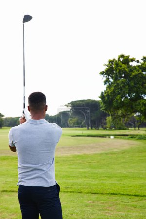 Photo for Man, golfer and back with club on golf course for game, match or outdoor sport on green grass or field in nature. Rear view of male person or player on lawn for hole, competition or fairway on mockup. - Royalty Free Image