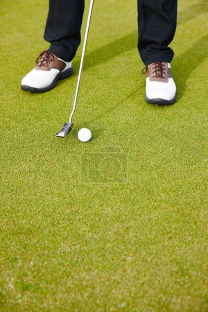 Photo for Feet, club and ball for sports on golf course, training and practice for competition or tournament. Closeup, shoes and grass for outdoor challenge and exercise, low angle and professional athlete. - Royalty Free Image
