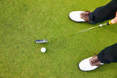 Photo for Feet, club and golf ball for practice on field, training and driver for competition or tournament. Closeup, top view and grass for outdoor challenge and exercise, person and athlete for contest. - Royalty Free Image