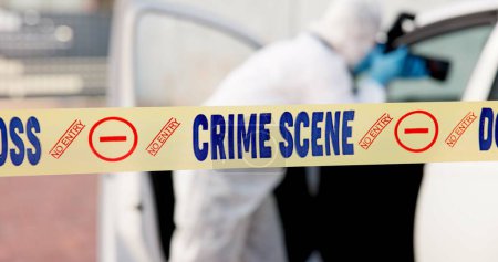 Car, crime scene and forensic photographer with camera for evidence in court, working and investigation. Adult, person and employee for police department, professional and protection suit for DNA.