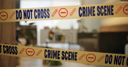 Photo for Crime scene, tape and evidence in house for case, inspection and investigation in living room. Apartment, home and lounge with warning from police, forensic and analysis of in flat for justice. - Royalty Free Image