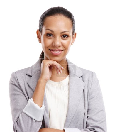 African woman, hand and chin in studio with smile or smirk, confidence or assertive for career. Female person, backdrop and happy with job, translator or interpreter or explainer in Africa or Morocco.