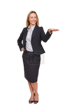 Photo for Business, hand and happy woman with palm space in studio for news, mockup or announcement on white background. Presentation, offer and employer show sign up, we are hiring or recruitment newsletter. - Royalty Free Image