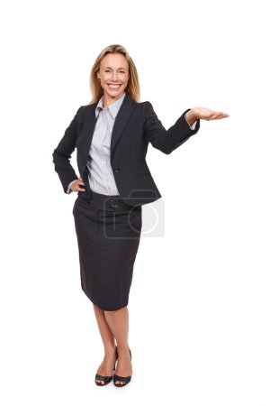 Photo for Business, portrait and happy woman with hand pointing in studio for news, mockup or announcement on white background. News, space and employer show sign up, we are hiring or recruitment newsletter. - Royalty Free Image