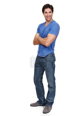 Photo for Man, studio and portrait with smile for fashion with casual outfit with arms crossed with confidence. Male person, white background and happy with informal style for confident pose with pride. - Royalty Free Image