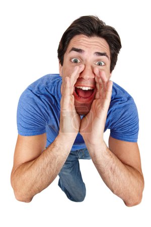Hands, face and man shouting in top view studio with announcement, news or message on white background. Noise, speech and portrait of male model screaming info, broadcast or communication promotion.