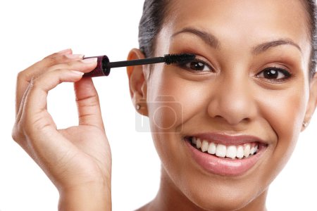 Photo for Portrait, mascara for lashes and happy woman with beauty, brush for makeup and tools for volume on white background. Cosmetology, cosmetics product and wand for eyelash, makeover and change in studio. - Royalty Free Image