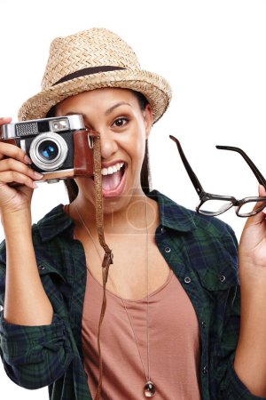 Photo for Female person, portrait and camera in isolated, travel and smile in white background or studio. Woman, happy and summer for tourism, destination and photography in backdrop on vacation or holiday. - Royalty Free Image