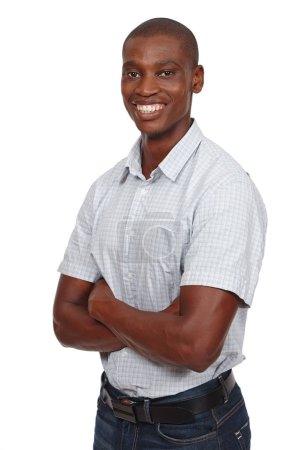 Photo for Portrait, confident or man as smile, ambition or opportunity of education and scholarship. Happy, black student or arms crossed as ready to solve, question or assertive in deciding employment. - Royalty Free Image
