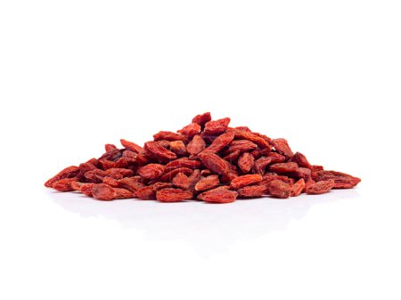 Photo for Healthy, goji berries and studio for nutrition, natural, organic and antioxidant as snack for full body. Vegan, dried fruit and red seeds produce vitamin c for wellness on isolated white background. - Royalty Free Image