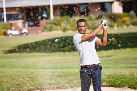 Photo for Man, golf ball and air with sand for sports, action and energy with club for game, competition and swing. Challenge, exercise and professional athlete with training, performance and leisure outdoor. - Royalty Free Image