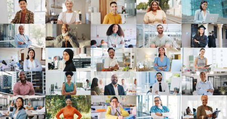 Photo for People, collage and diversity with face, smile or career for men, women or children for work, learning or fitness. Professional employees, school kids and students for arms crossed, tech or portrait. - Royalty Free Image
