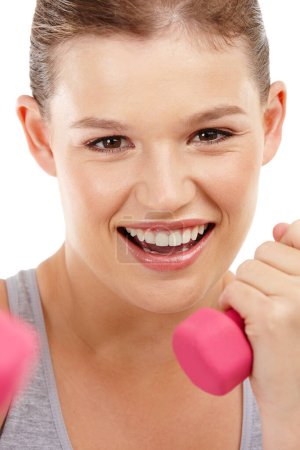 Photo for Portrait, smile and dumbbells with woman, fitness and exercise isolated on a white studio background. Face, person and athlete with equipment or training with motivation or stress relief with workout. - Royalty Free Image