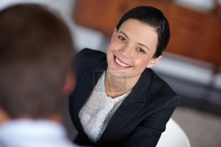 Photo for Portrait, businesswoman and office for job interview for application, vacancy and hiring of corporate company. Happy, confident woman and discussion meeting in formal attire for recruiting process. - Royalty Free Image