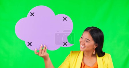 Photo for Speech bubble, green screen and happy woman face with tracking markers in studio for promo on mockup background. Space, poster and portrait of asian female with FAQ, feedback and language translation. - Royalty Free Image