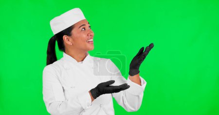 Photo for Green screen, happy woman and chef hand pointing to checklist, menu and offer on mockup background. Cooking, smile and asian lady nutritionist with checklist, promo or coming soon, info or deal. - Royalty Free Image